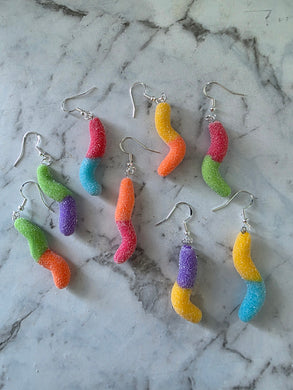 Colourful sour worm earrings – handmade polymer clay jewelry by Jazzed Up Bling