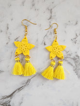 Load image into Gallery viewer, Handmade yellow star lantern parol earrings with yellow tassels and gold hooks, holiday jewelry inspired by parols.
