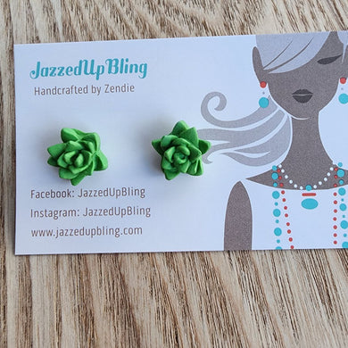 Handmade green succulent stud earrings crafted from polymer clay by Jazzed Up Bling, displayed on branded earring card.