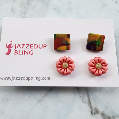 Handmade polymer clay stud pack with coral flower and sunset marble designs – Jazzed Up Bling.