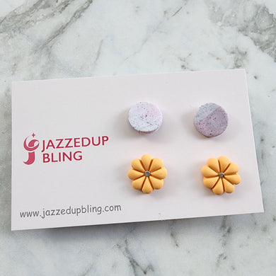 Handmade polymer clay stud pack with lilac marble and yellow floral designs – Jazzed Up Bling.