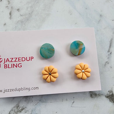 Handmade polymer clay stud pack with turquoise marbled and yellow flower designs – Jazzed Up Bling.