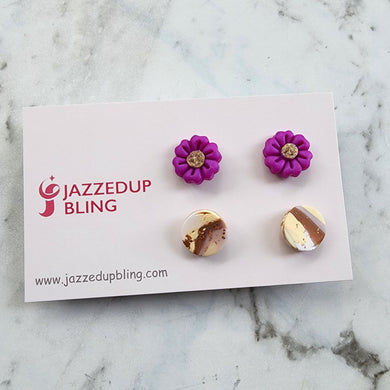 Handmade polymer clay stud pack with violet flower and marbled gold designs – Jazzed Up Bling.
