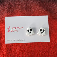 Load image into Gallery viewer, Handmade white ghost Halloween stud earrings – polymer clay spooky jewelry NZ
