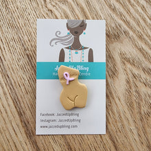 Load image into Gallery viewer, Breast cancer awareness brooch – handmade polymer clay torso with ribbon center
