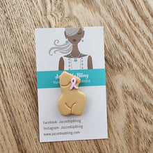 Load image into Gallery viewer, Breast cancer awareness brooch – handmade polymer clay torso with ribbon right
