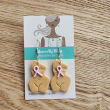 Load image into Gallery viewer, Breast cancer awareness earrings – handmade polymer clay torso with ribbon center
