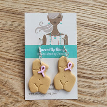 Load image into Gallery viewer, Breast cancer awareness earrings– handmade polymer clay torso with ribbon left
