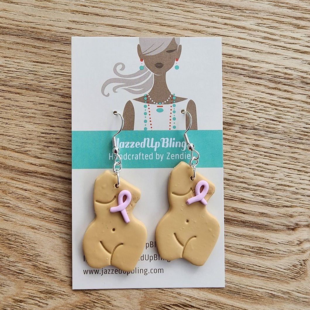 Breast cancer awareness earrings– handmade polymer clay torso with ribbon left