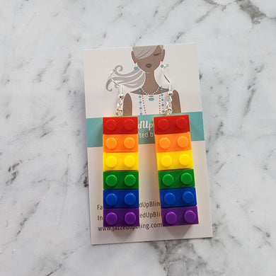 Final clearance – Rainbow Bricks resin dangle earrings, multicolor, lightweight and affordable.