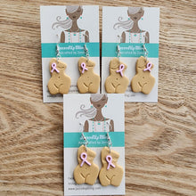Load image into Gallery viewer, Handmade polymer clay female torso earrings with pink ribbon – breast cancer awareness jewelry
