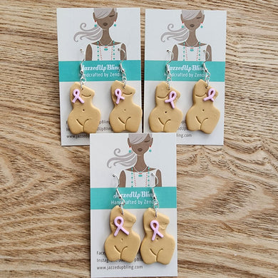 Handmade polymer clay female torso earrings with pink ribbon – breast cancer awareness jewelry