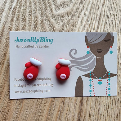 Christmas Mittens resin stud earrings with red mitten design, white trim, and button detail – festive holiday jewelry NZ.