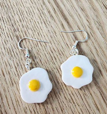 Handmade Fried Egg earrings by Jazzed Up Bling – polymer clay white and yellow breakfast-inspired dangle earrings