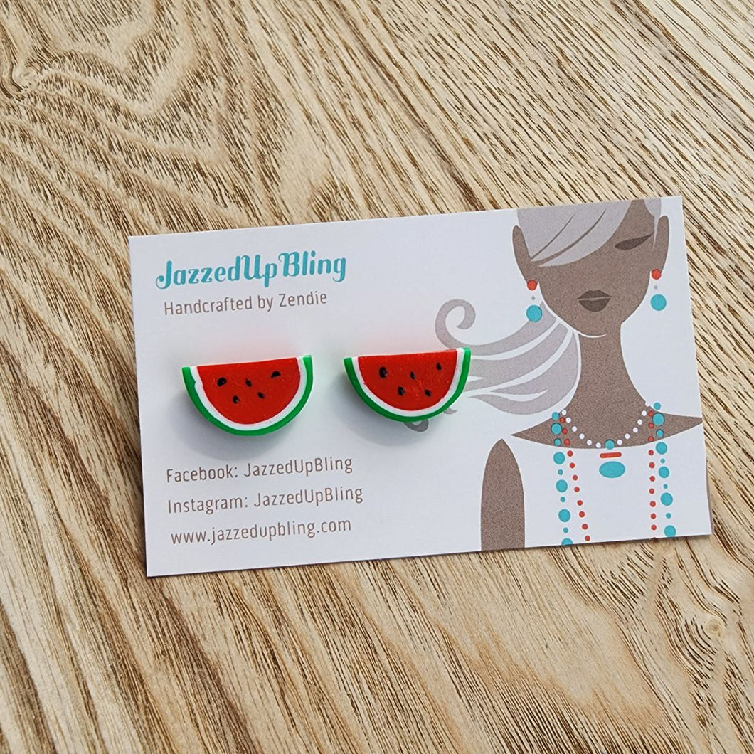 Handmade watermelon slice polymer clay stud earrings – Jazzed Up Bling.